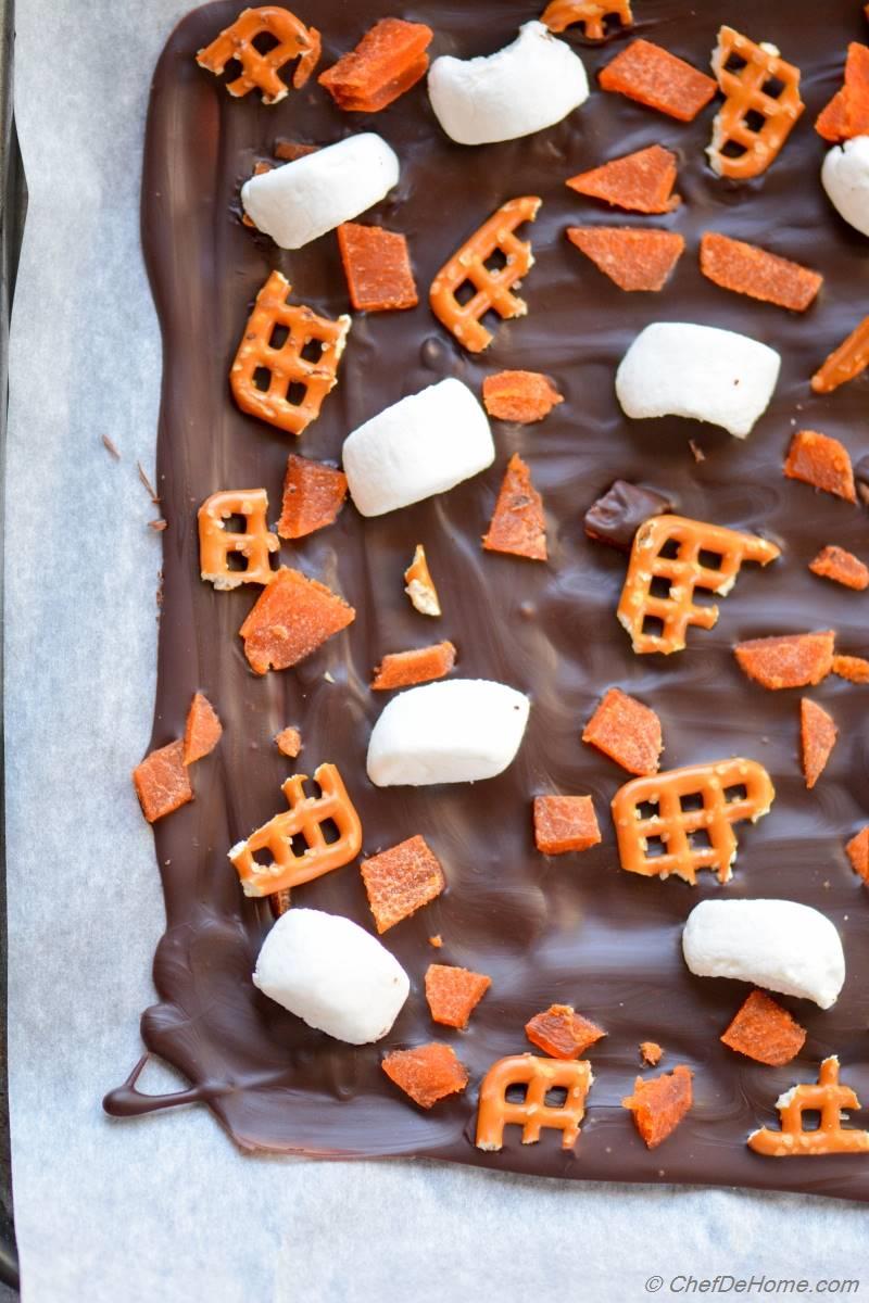DarkChocolate Candy Bark with Marshmallow and Pretzels for Trickor