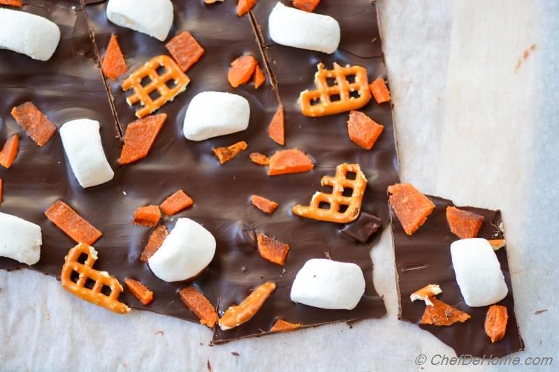 DarkChocolate Candy Bark with Marshmallow and Pretzels for Trickor