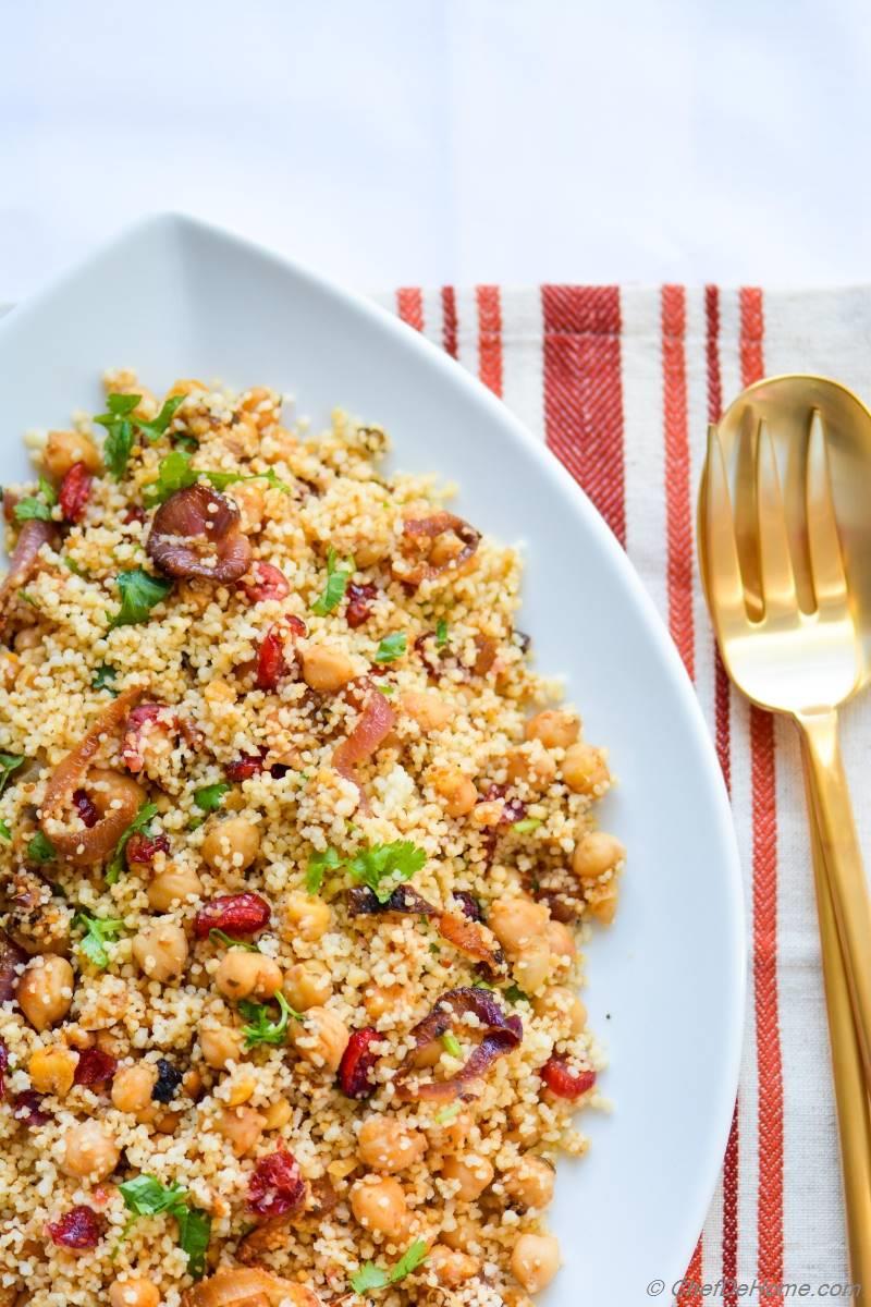 Moroccan Couscous Tfaya with Chickpeas and Cranberries Recipe