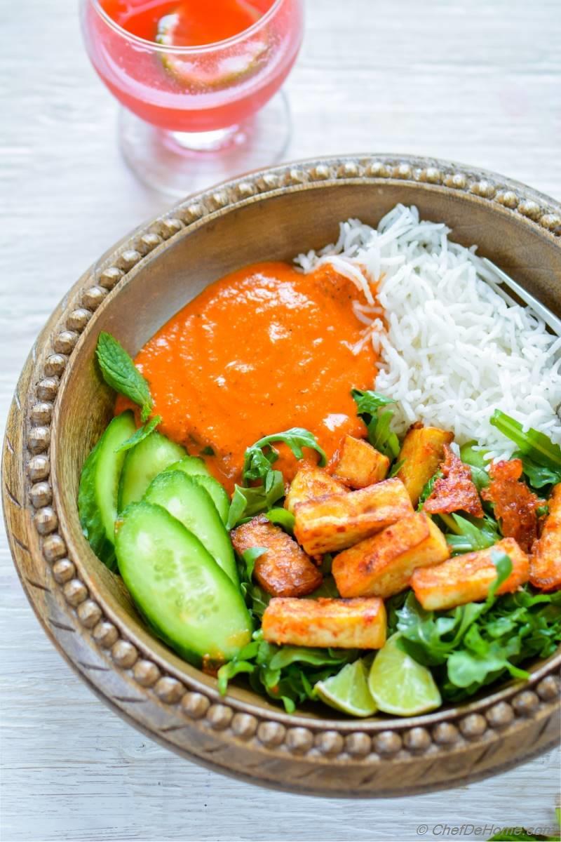 Crispy Garlic Tofu Rice Bowl with Romesco Sauce Recipe