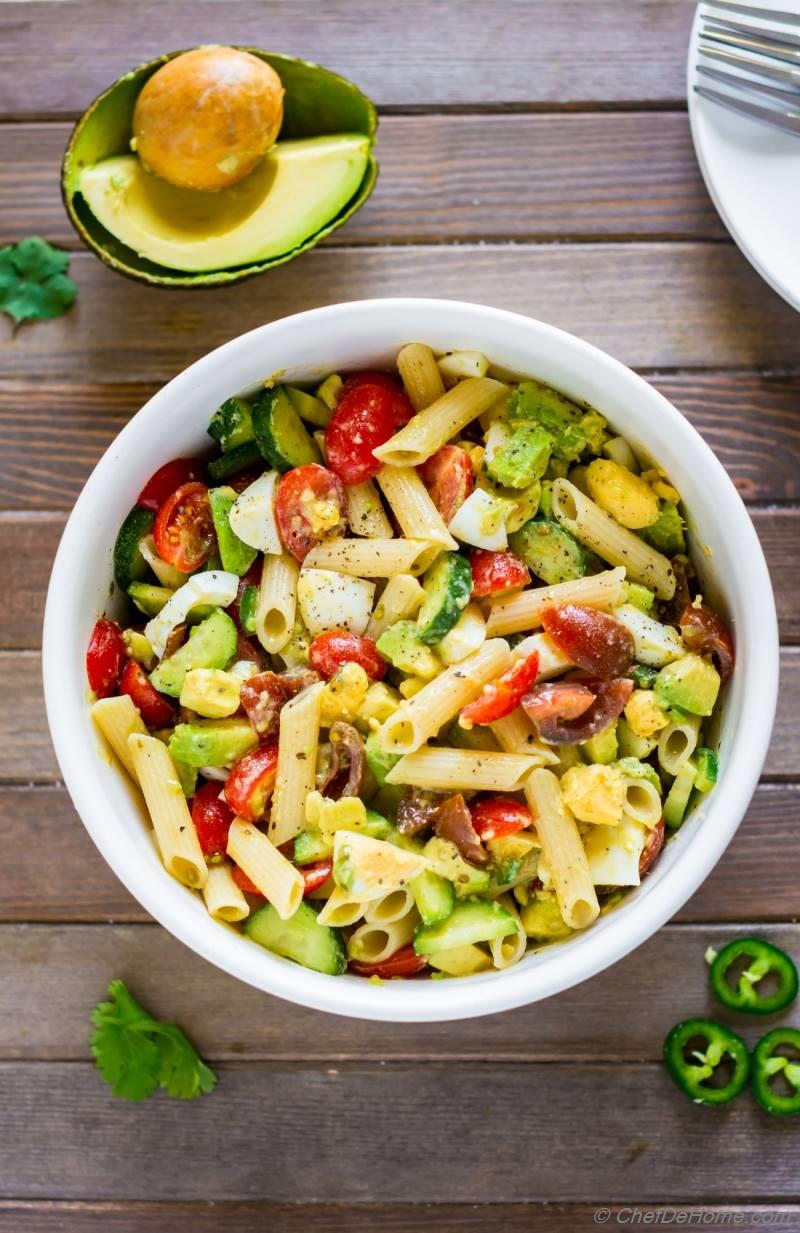 Deviled Egg Pasta Salad with Avocado Recipe | ChefDeHome.com