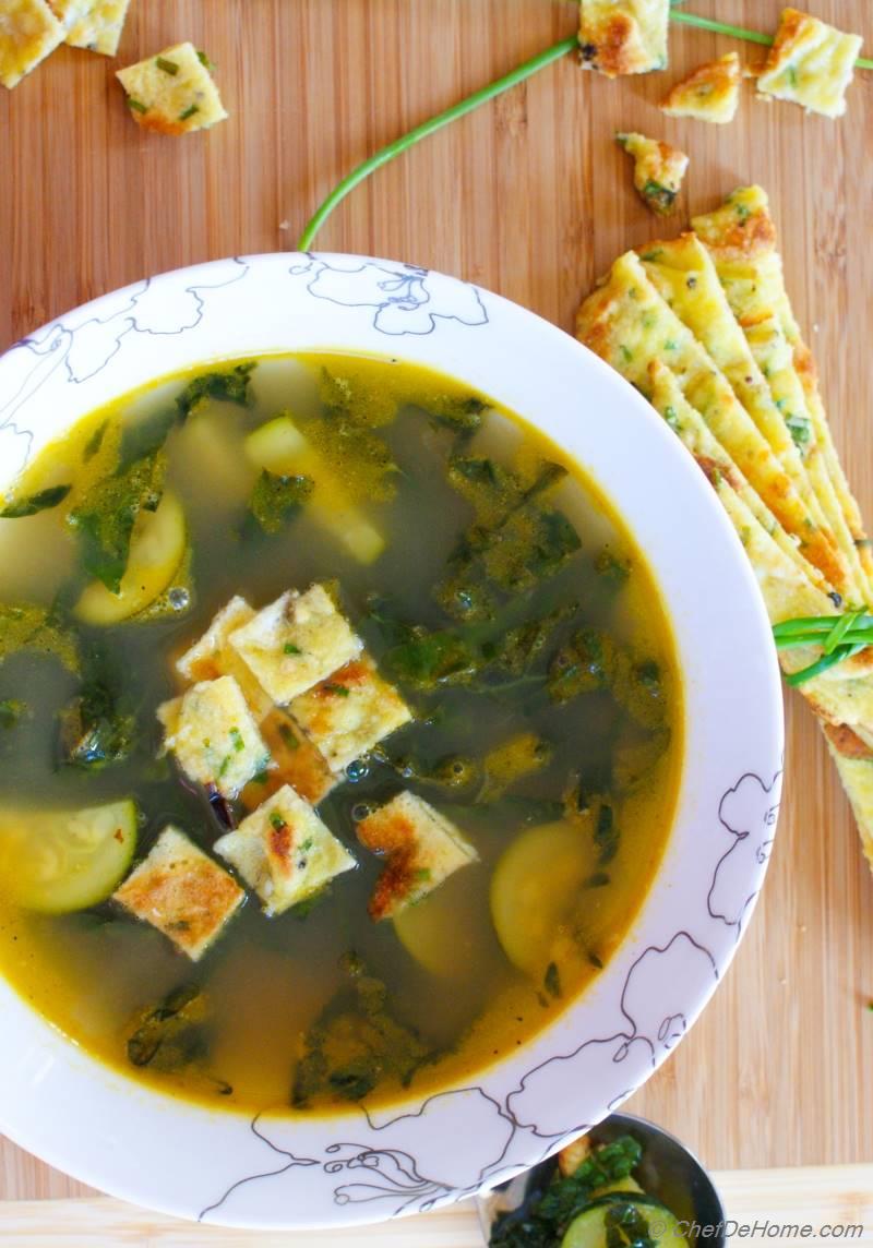 Kale and Zucchini Summer Soup with Chive Frittatine Croutons Recipe