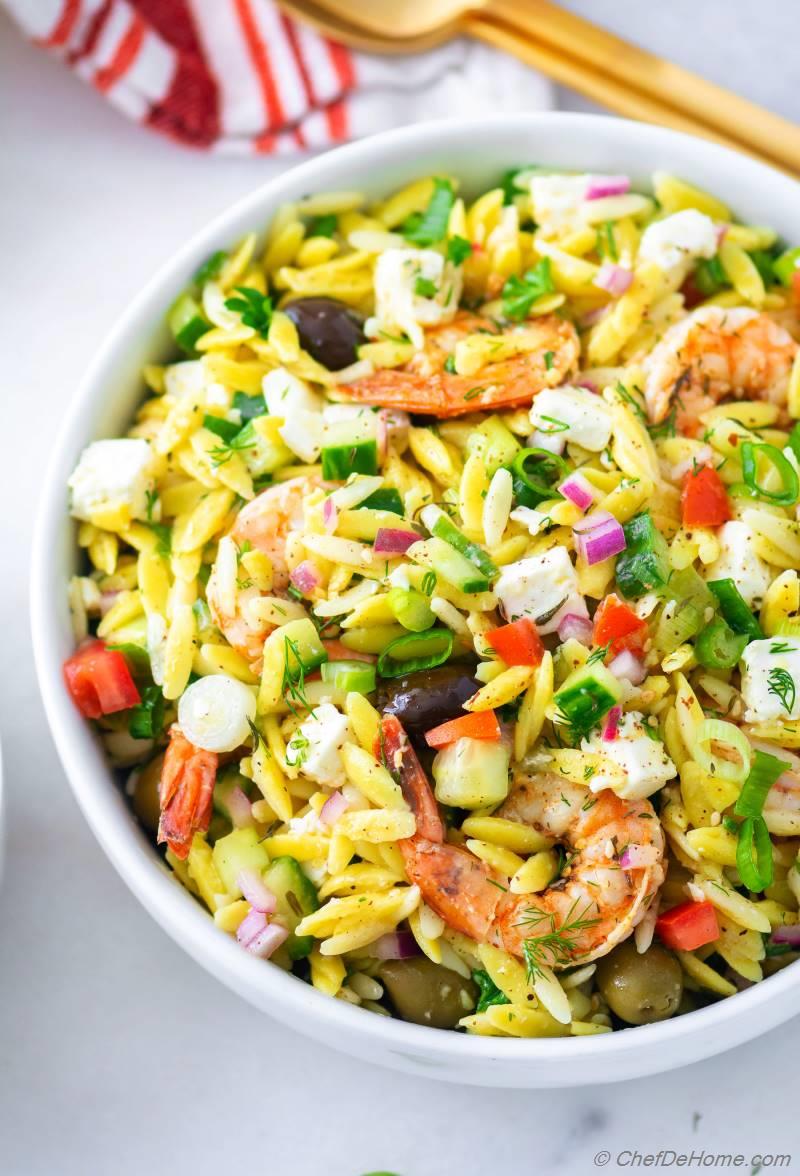 Greek Orzo Pasta Salad with Grilled Shrimp Recipe | ChefDeHome.com