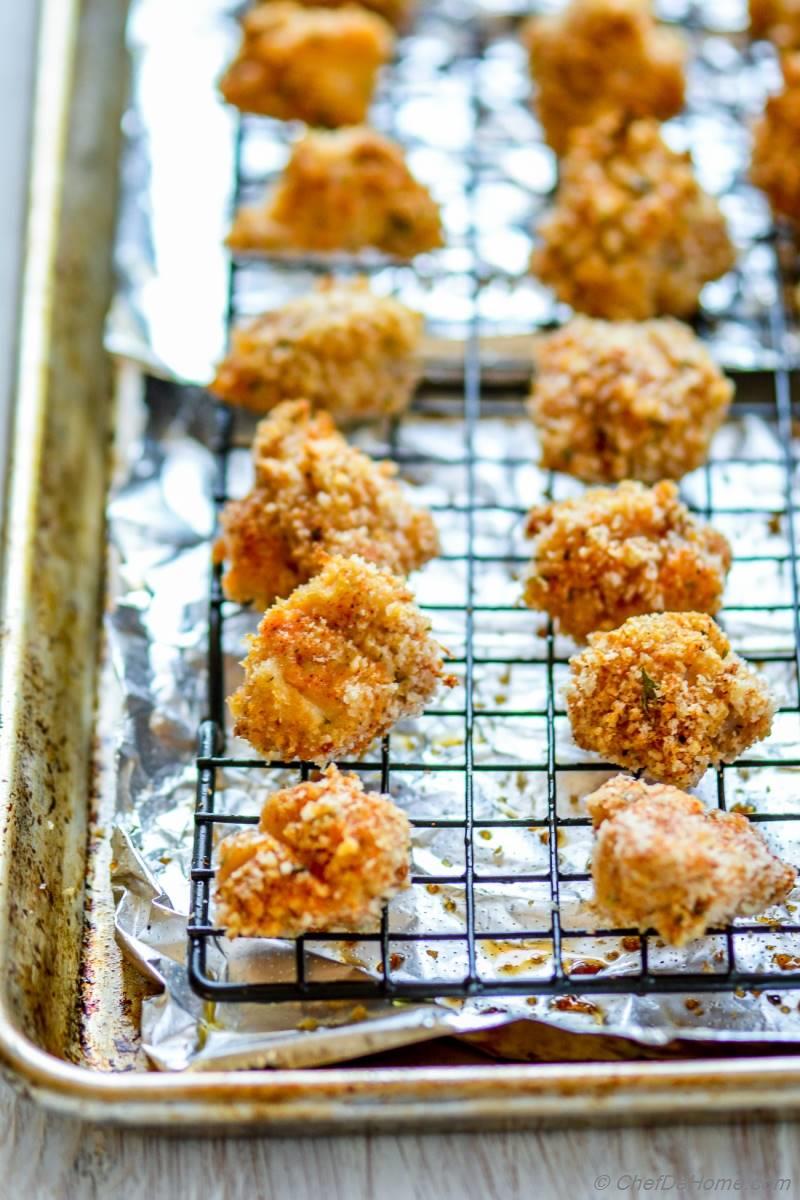 Baked Popcorn Chicken with Creamy Garlic Parmesan Dip Recipe