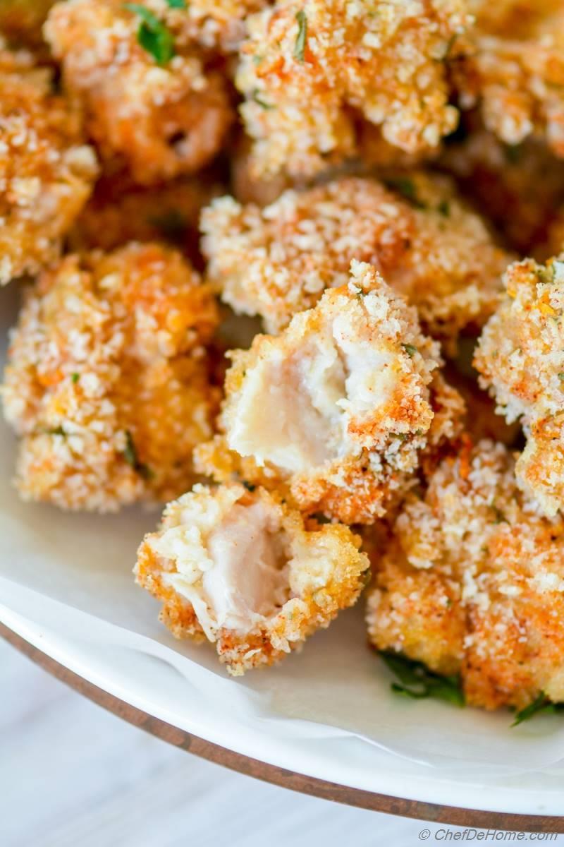 Baked Popcorn Chicken with Creamy Garlic Parmesan Dip Recipe