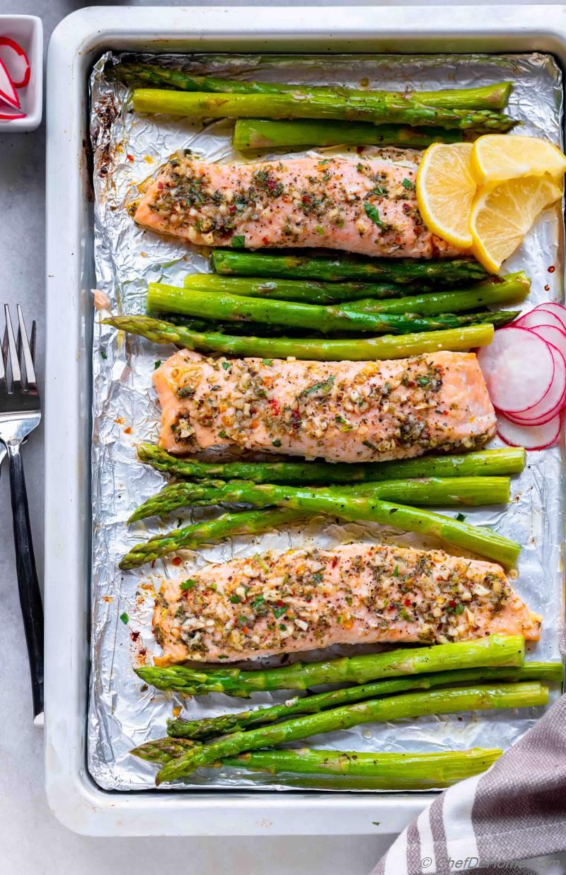 Garlic Butter Roasted Salmon with Asparagus Recipe