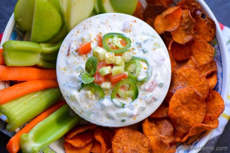 Loaded Raita Dip with Curry Dusted Sweet Potato Chips Recipe