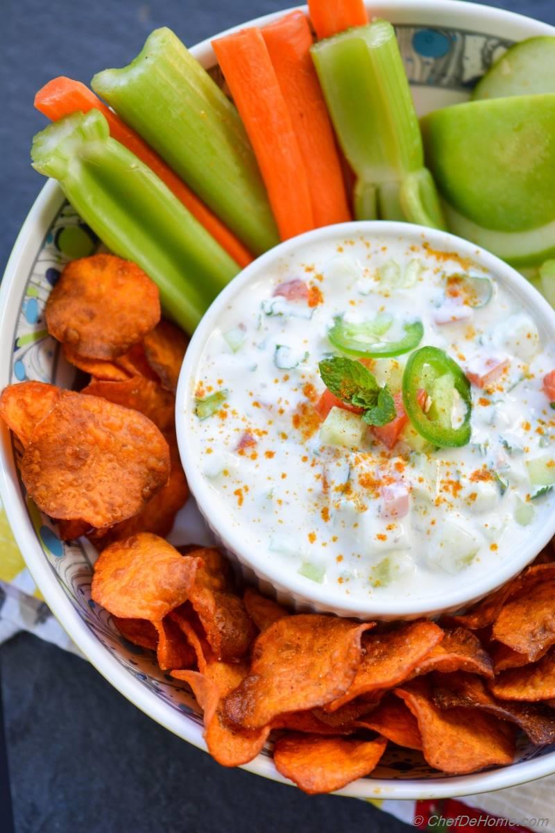 Loaded Raita Dip with Curry Dusted Sweet Potato Chips Recipe