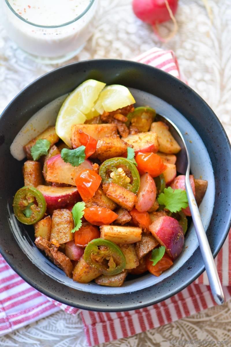 Vegan, Zesty and Warm RadishPotatoes Bowl Indian Vrat Ki Chatpati